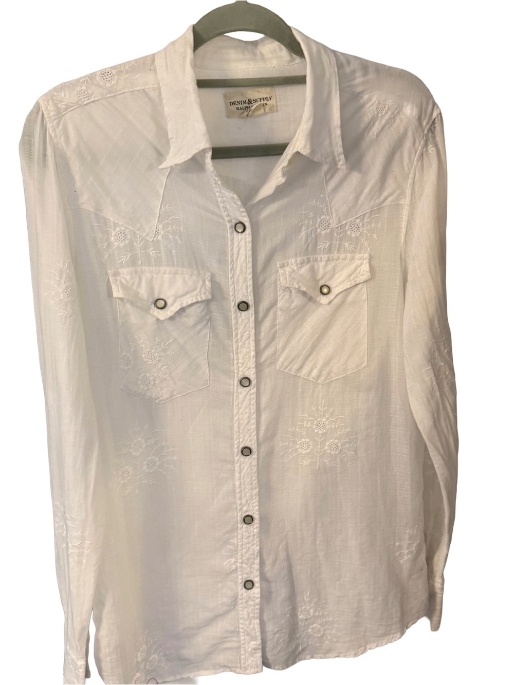 Ralph Lauren Women’s White Embroidered Western Snap Down Short Snap Pockets Sz M